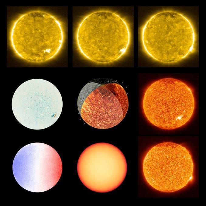 A sequence of images showing different aspects of the sun as captured by the Solar Orbiter's suite of instruments and cameras. / Credit: Solar Orbiter/EUI/PHI Team (ESA & NASA)