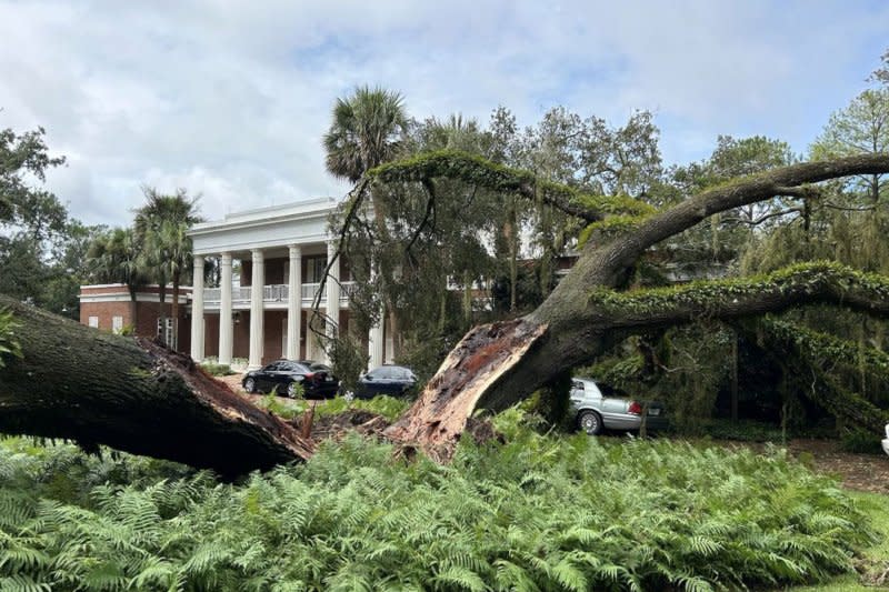 A 100-year-old oak tree fell on the Florida Governor's Mansion in Tallahassee on Wednesday, as Hurricane Idalia made landfall. According to Casey DeSantis, the wife of Florida Gov. Ron DeSantis, who shared the photo on her X social media account, she and their three children were home at the time but were all safe. Photo via Casey DeSantis