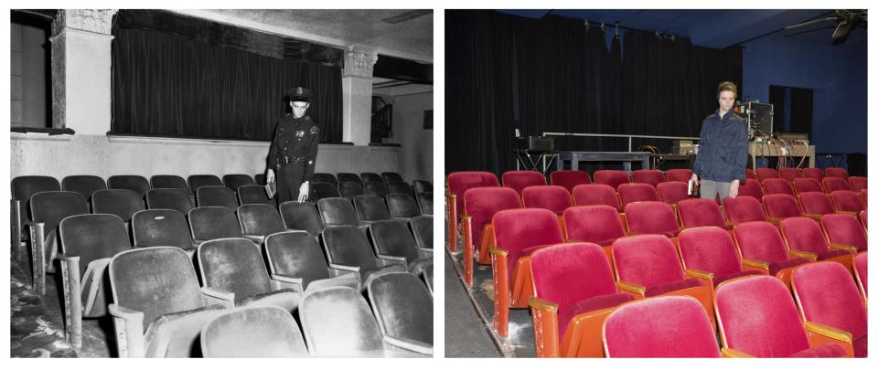 A combination picture shows an unidentified uniformed police officer pointing at a seat in the Texas Theatre where Lee Harvey Oswald was arrested in Dallas, Texas in 1963 and the same spot in November 2013