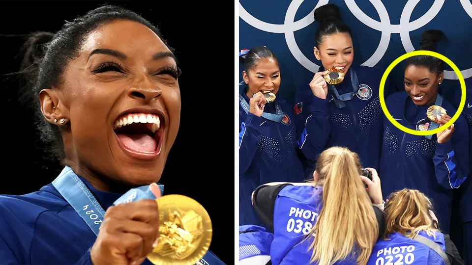 Simone Biles celebrates with gold and Biles celebrates with her teammates.