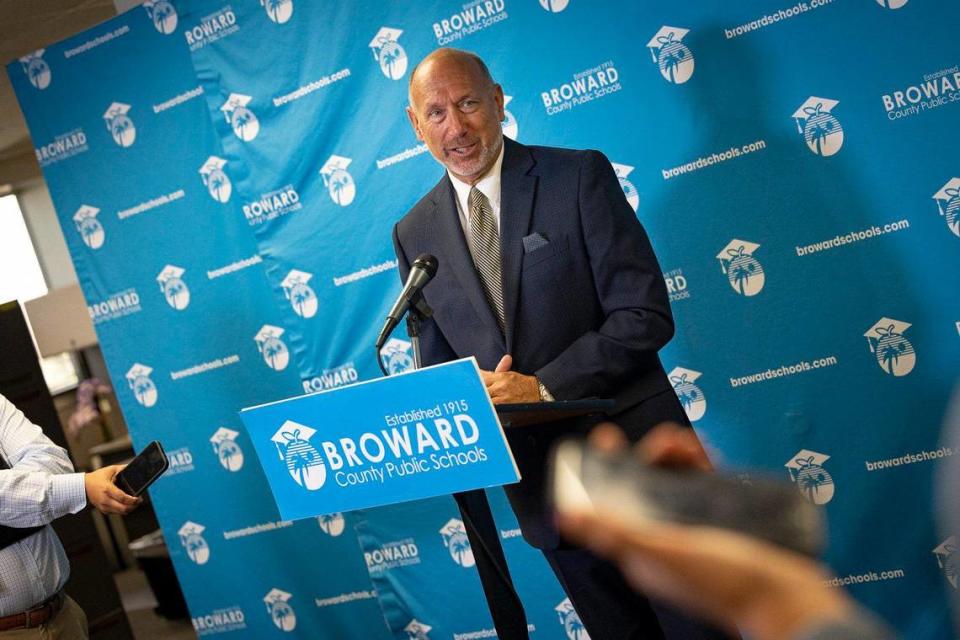 Board member Dr. Allen Zeman talks during a press conference after a Broward Country School Board meeting discussing candidates to move forward as semi-finalists in the superintendent search on Monday, May 22, 2023, in Fort Lauderdale. Alie Skowronski/askowronski@miamiherald.com