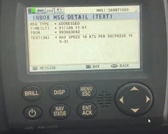 The AIS display on RV Auk shows the vessel speed advisory text sent to a vessel in the shipping lanes while testing the new messaging system.