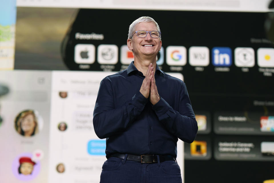 In this photo provided by Apple Inc., CEO Tim Cook delivers the keynote address during the 2020 Apple Worldwide Developers Conference Monday, June 22, 2020, in Cupertino, Calif. At its postponed and now-virtual developers conference, Apple is expected to unveil some modest changes to iPhone operating software and possibly to drop some hints about its efforts in augmented and virtual reality, although any new gadgets are still probably a few years away. (Brooks Kraft/Apple Inc. via AP)