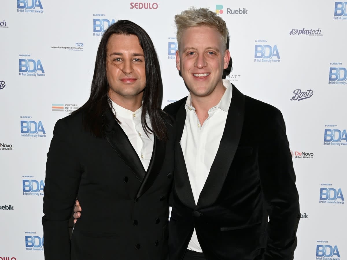 Ollie Locke-Locke and Gareth Locke-Locke attend the 2022 Burberry British Diversity Awards at De Vere Grand Connaught Rooms on March 10, 2022 (Getty Images)
