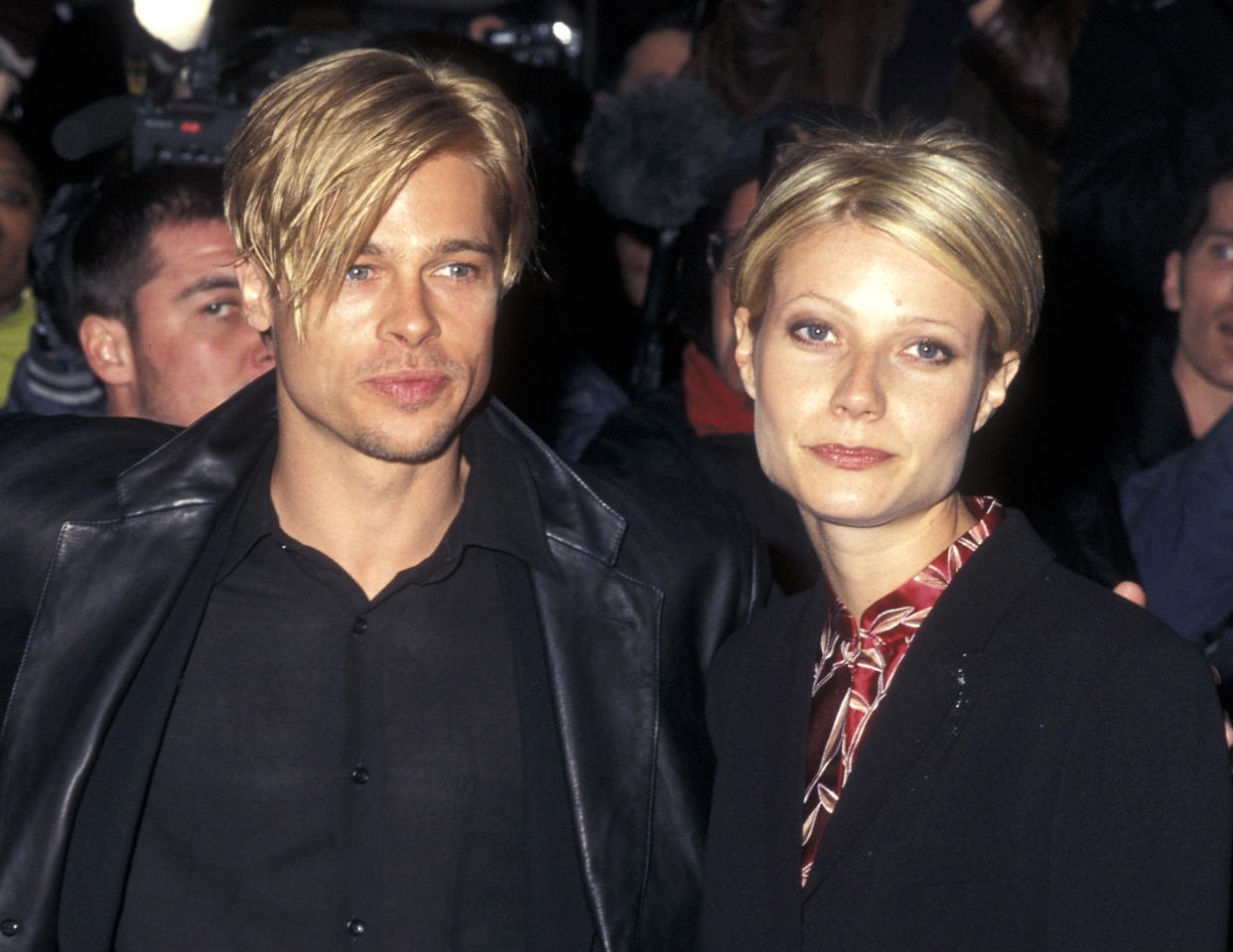 Actor Brad Pitt and actress Gwyneth Paltrow attend 'The Devil's Own' New York City Premiere on March 13, 1997 at City Cinemas Cinema 1 in New York City. (Photo by Ron Galella/Ron Galella Collection via Getty Images)