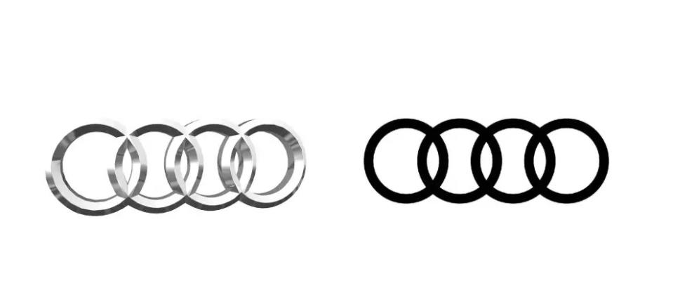 德國汽車製造商 Audi 於 2017 年將 logo 設計從 3D 轉向 2D，時隔 22 年後回到 2D 設計。