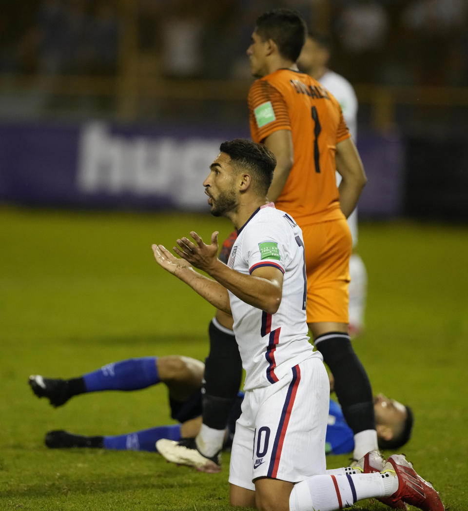 United States's Cristian Roldan reacts during a qualifying soccer match against El Salvador for the FIFA World Cup Qatar 2022 at Cuscatlan stadium in San Salvador, El Salvador, Thursday, Sept. 2, 2021. (AP Photo/Moises Castillo)