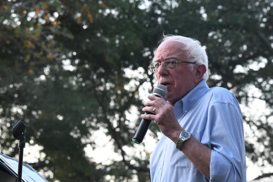 Presidential hopeful and Vermont Sen. Bernie Sanders addresses a town hall gathering on climate change on Thursday, Aug. 29, 2019, in Myrtle Beach, S.C. (AP Photo/Meg Kinnard)