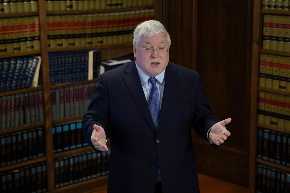 West Virginia Attorney General Patrick Morrisey speaks with reporters to announce a $68 million settlement with the Kroger pharmacy chain over its role in perpetuating the opioid crisis during a press conference at the state Capitol in Charleston on Thursday, May 4, 2023 in Charleston, W.Va. (AP Photo/Jeff Dean)