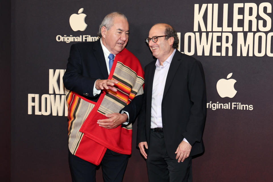 NEW YORK, NEW YORK - SEPTEMBER 27: Osage Nation Principal Chief Geoffrey Standing Bear (L) and David Grann attend Apple's "Killers of the Flower Moon" New York premiere at Alice Tully Hall, Lincoln Center on September 27, 2023 in New York City. (Photo by Dia Dipasupil/Getty Images)