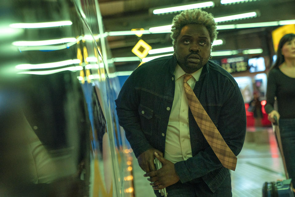 This image released by Sony Pictures shows Brian Tyree Henry in a scene from "Bullet Train." (Scott Garfield/Sony Pictures via AP)