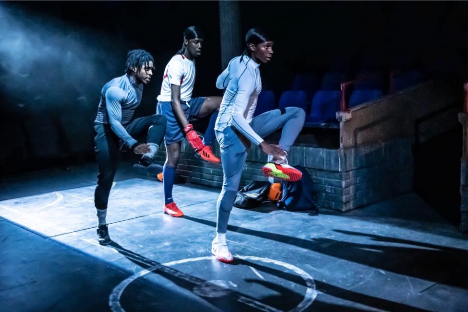 Francis Lovehall, Kedar Williams-Stirling, Emeka Sesay in ‘Red Pitch’ at The Bush Theatre. Photo by Craig Fuller.