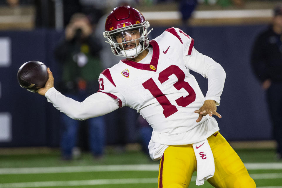 Southern California quarterback Caleb Williams throws a pass during the first half an NCAA college football game against Notre Dame, Saturday, Oct. 14, 2023, in South Bend, Ind. (AP Photo/Michael Caterina)