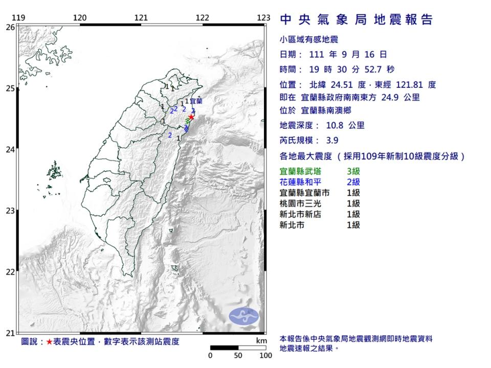 宜蘭地震 規模3.9最大震度3級
