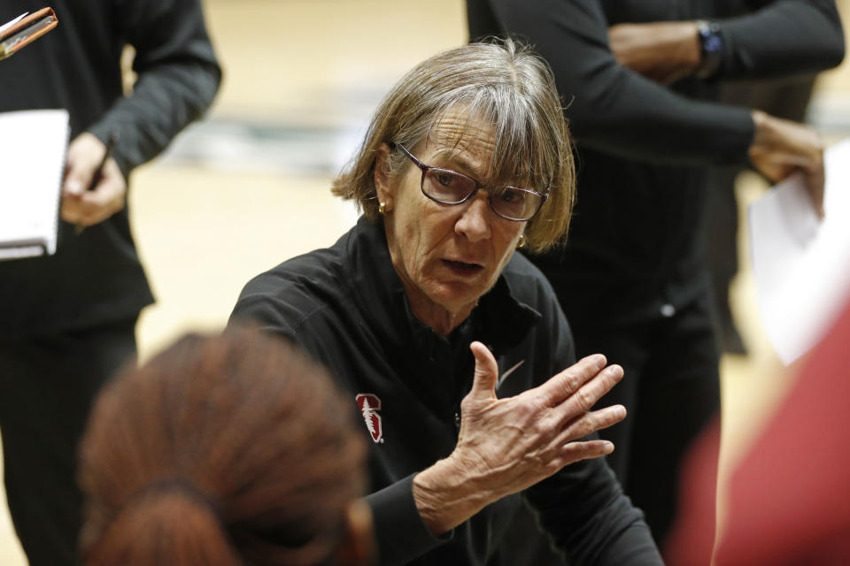 Stanford head coach Tara VanDerveer instructs her team between quarters during an NCAA college basketball game, Friday, Nov. 25, 2022, in Honolulu. (AP Photo/Marco Garcia)