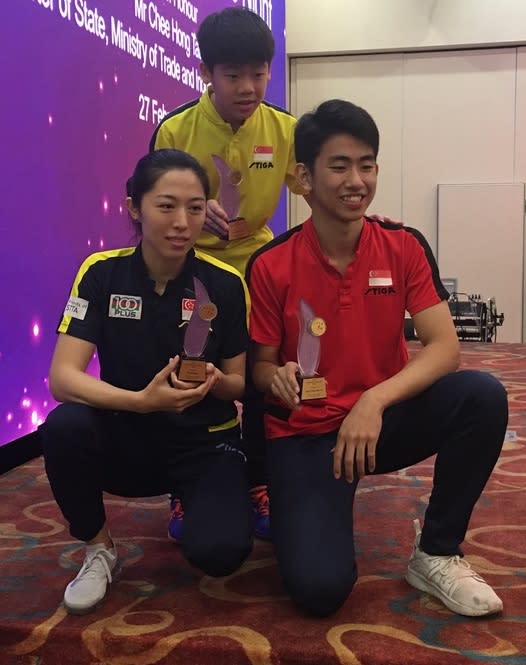 Winners at the STTA Annual Awards Night on 27 February 2019: (From left) Player of the Year Yu Mengyu, Hopes Player of the Year Izaac Quek and Young Player of the Year Koen Pang. (PHOTO: Chia Han Keong/Yahoo News Singapore)