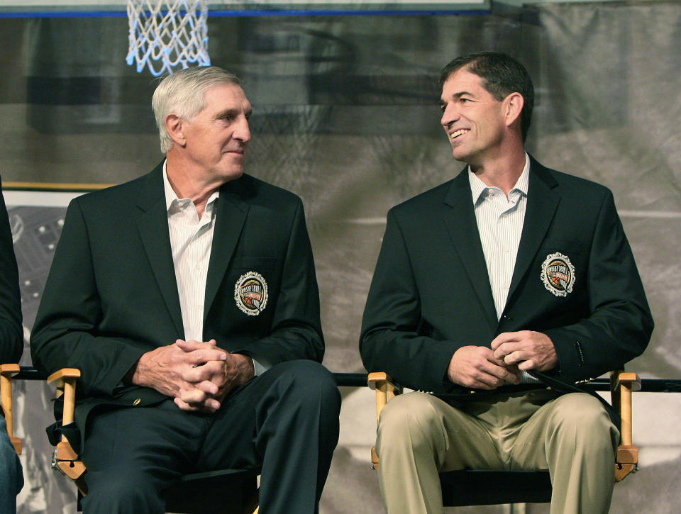 SPRINGFIELD, MA - SEPTEMBER 11:  Hall of Fame inductees Jerry Sloan and John Stockman chat during a  press conference at the Naismith Memorial Basketball Hall of Fame on September 11, 2009 in Springfield, Massachusetts. (Photo by Jim Rogash/Getty Images)