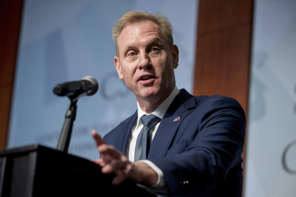 FILE - In this March 20, 2019 file photo, Acting Defense Secretary Patrick Shanahan speaks at the Center for Strategic and International Studies in Washington. Shanahan is set to deliver the commencement address to the 2019 graduating class of the U.S. Naval Academy. The former Boeing executive will speak Friday, May 24, 2019, at the Navy-Marine Corps Memorial Stadium in Annapolis. (AP Photo/Andrew Harnik, File)