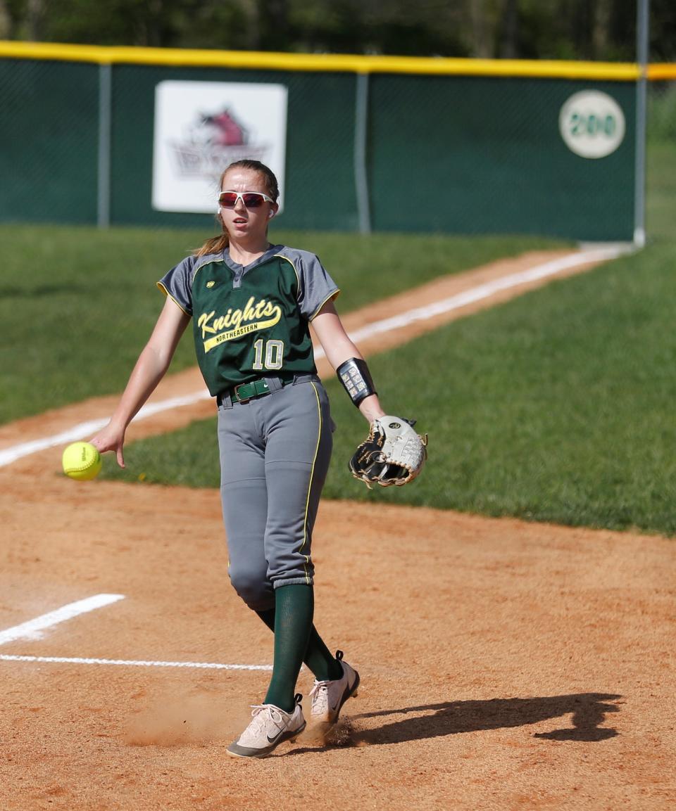 Northeastern sophomore Clare Lopeman throws a warmup pitch before a game against Hagerstown May 12, 2022.