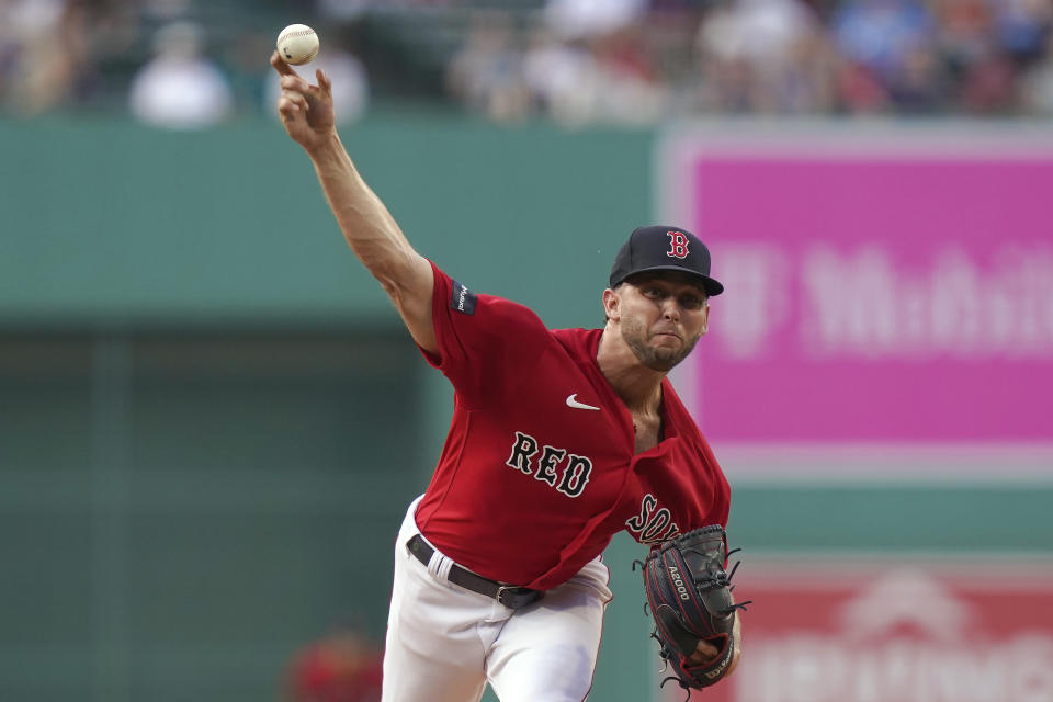 Boston Red Sox's Kutter Crawford delivers a pitch to a Texas Rangers batter during the first inning of a baseball game Thursday, July 6, 2023, in Boston. (AP Photo/Steven Senne)