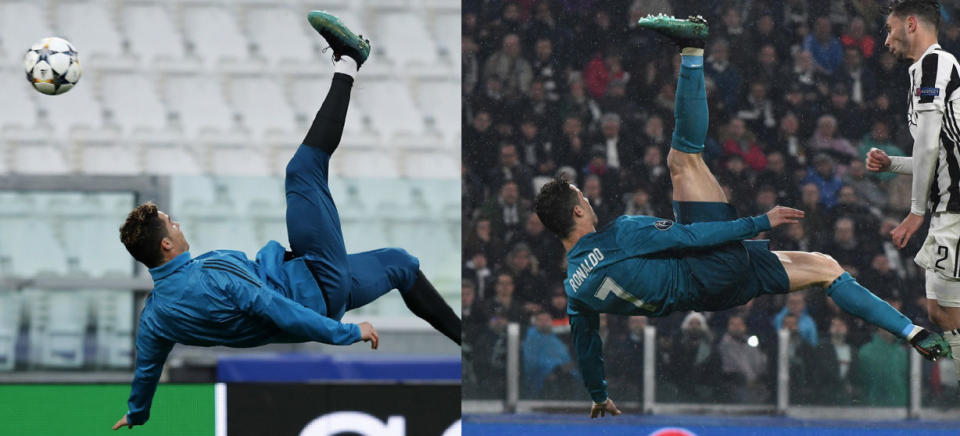 Cristiano Ronaldo in training on Monday (left) vs. in Tuesday’s Champions League game against Juventus. (Photos: Getty | Side-by-side: Yahoo Sports)