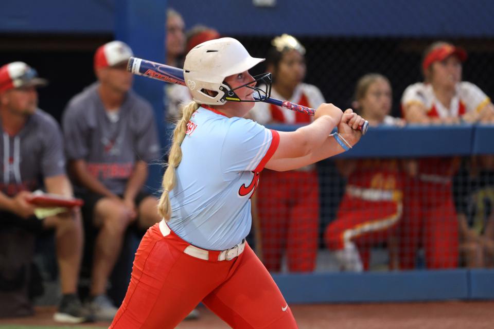 Silo's Connie Tubby hits a home run during the Class 4A slowpitch softball championship game between Dale and Silo at USA Hall of Fame Stadium in Oklahoma City, Tuesday, April 30, 2024.