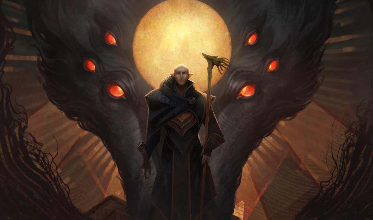  Solas in evil mode outfit standing in front of sunburst consumed by multi-eyed wolf. 