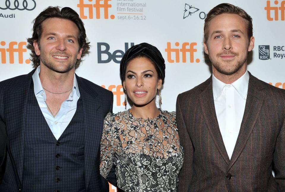 toronto, on september 07 actors l r bradley cooper, eva mendes and ryan gosling attend the place beyond the pines premiere during the 2012 toronto international film festival at princess of wales theatre on september 7, 2012 in toronto, canada photo by sonia recchiagetty images