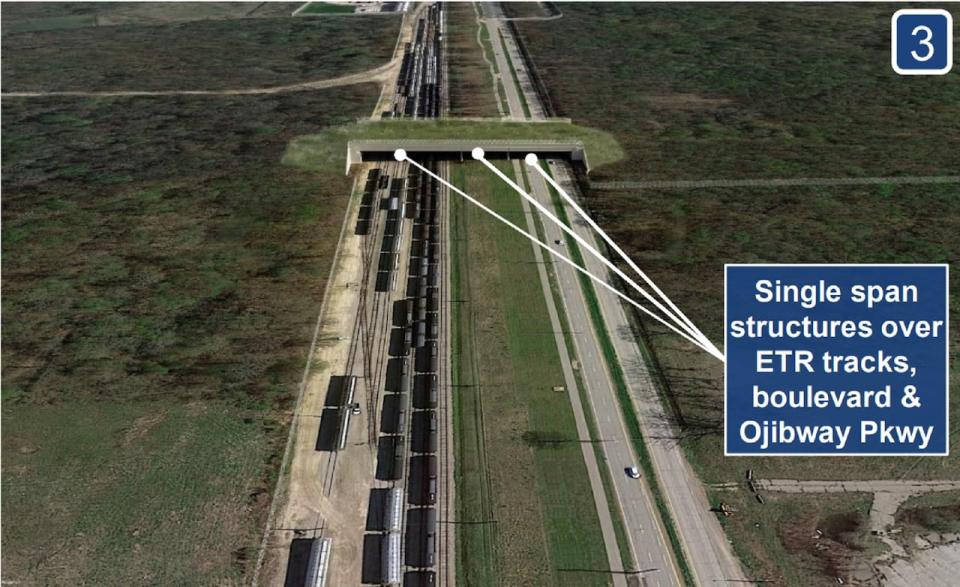 An artist's rendering of Design Option 3 for the Ojibway Parkway Wildlife Crossing project.