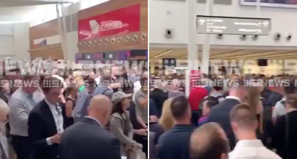 A large crowd is seen at Adelaide Airport.