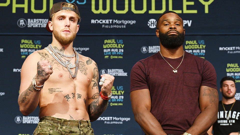 Jake Paul and Tyron Woodley, pictured here at their press conference.