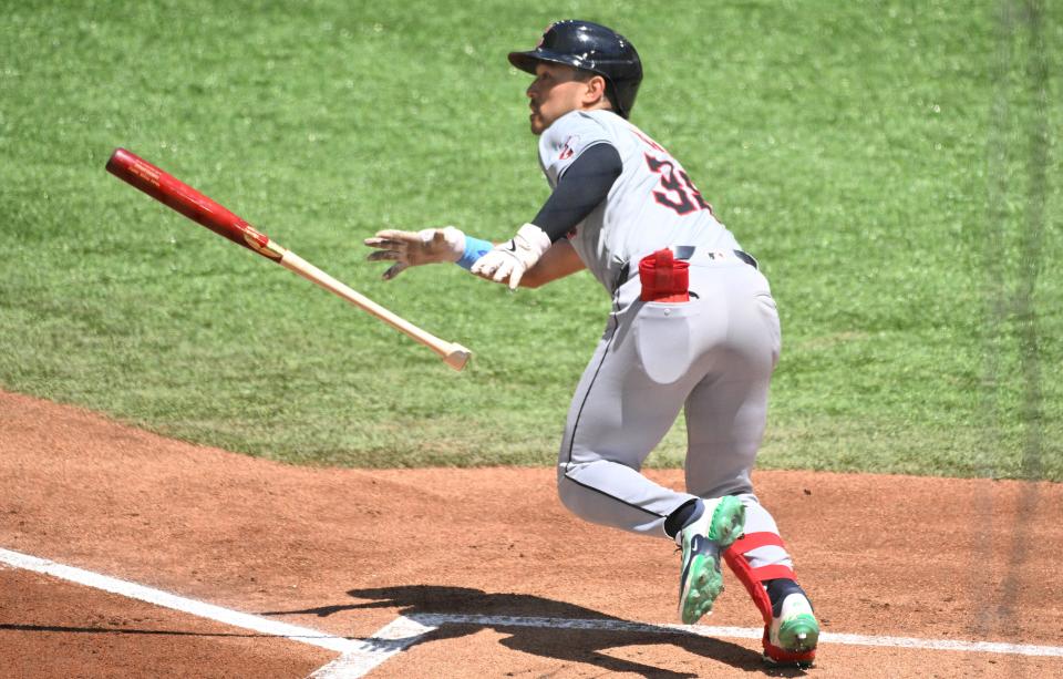 Guardians left fielder Steven Kwan hits a single against the Blue Jays in the first inning, June 16, 2024, in Toronto.