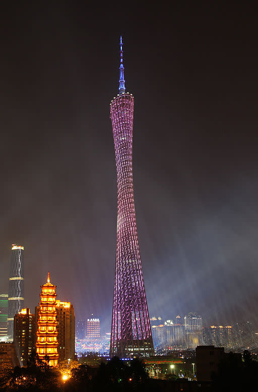 <p><b>2. Canton Tower</b></p> <p>600 m (2,000 ft)</p> <p>Country: China</p> (Image by Colin Zhu from Guangzhou, China: CC-BY-SA-2.0 (http://creativecommons.org/licenses/by-sa/2.0), via Wikimedia Commons)