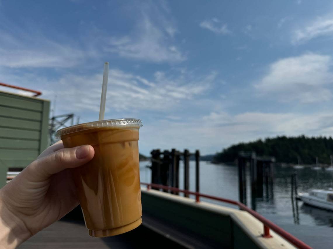 An iced latte from San Juan Island Roasters at 18 Cannery Landing, Friday Harbor, Wash. on Friday, August 2, 2024.