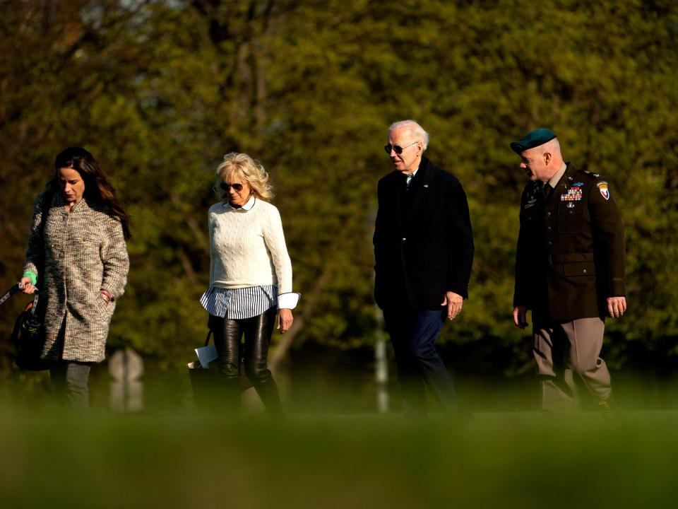 US President Joe Biden and First Lady Jill Biden disembark Marine One at Fort McNair in Washington, DC,