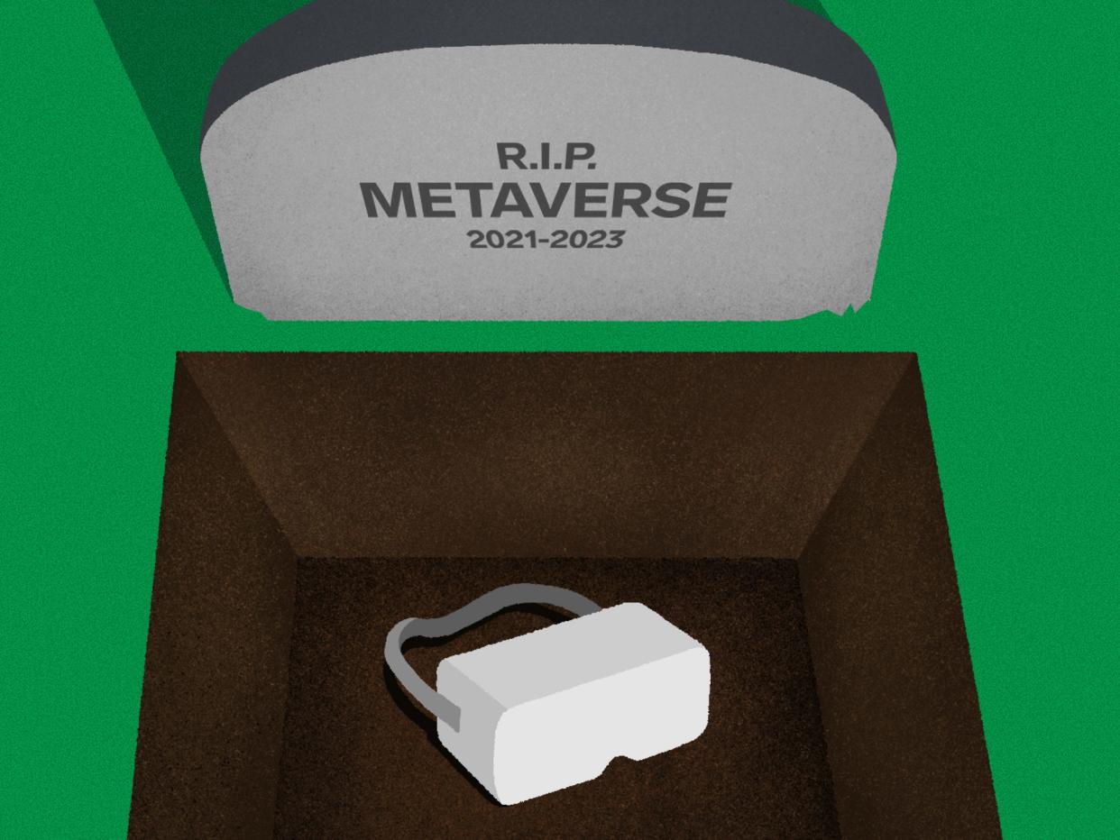 An illustration of a tombstone reading "R.I.P. Metaverse, 2021-2023" that sits in front of an open grave. A white VR headset sits in the bottom of the grave.
