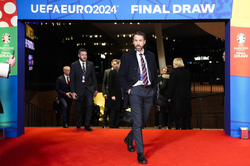 England's head coach Gareth Southgate arrives for the draw for the UEFA Euro 2024 soccer tournament finals in Hamburg, Germany, Saturday, Dec. 2, 2023. (AP Photo/Martin Meissner5