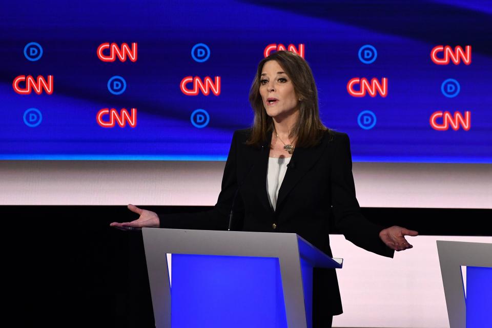 Democratic presidential hopeful US author and writer Marianne Williamson delivers her closing statement during the first round of the second Democratic primary debate of the 2020 presidential campaign season hosted by CNN at the Fox Theatre in Detroit, Michigan on July 30, 2019. (Photo by Brendan Smialowski / AFP)        (Photo credit should read BRENDAN SMIALOWSKI/AFP/Getty Images)