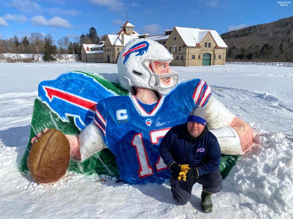 The latest Buffalo Bills-inspired snow sculpture by Allegany County artist Eric Jones is on display at 4783 Rt. 305 in front of the historic Block Barn in Cuba.