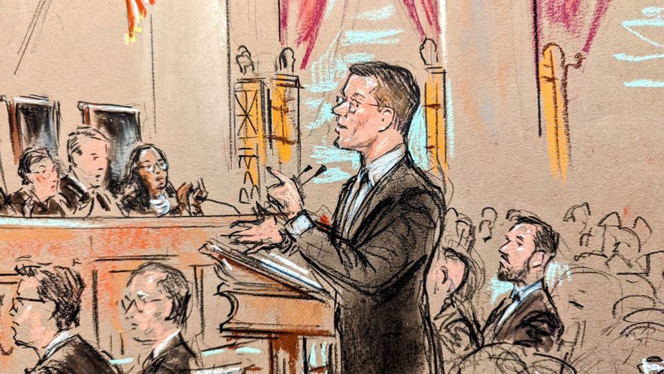 In this sketch, D. John Sauer argues before the US Supreme Court on Thursday, April 25, 2024. - Bill Hennessy