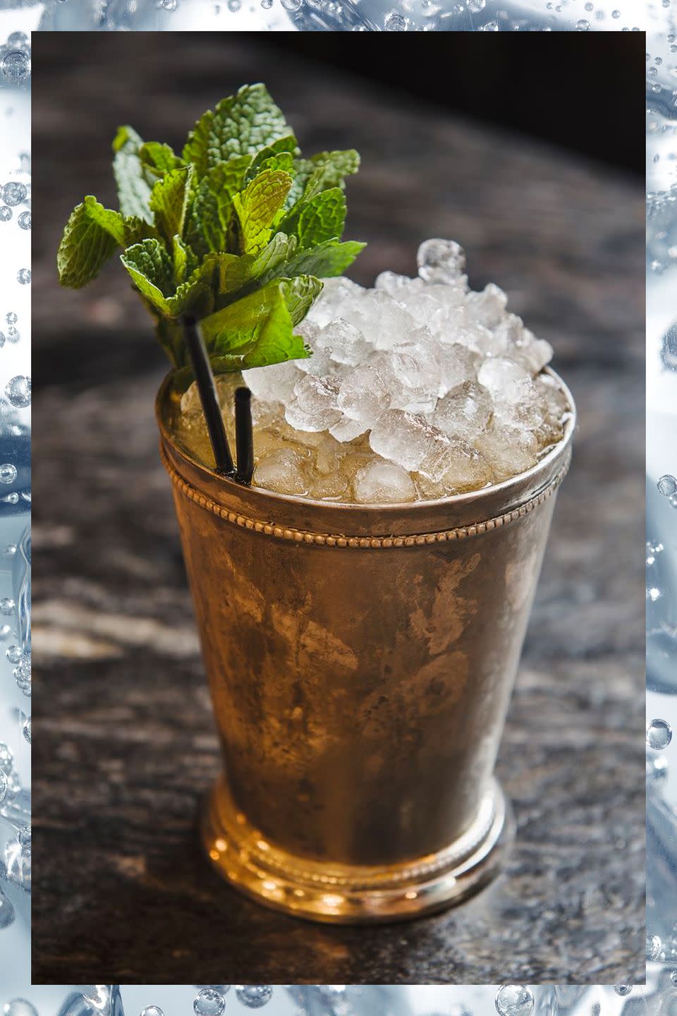 <p>The <a href="https://www.townandcountrymag.com/leisure/drinks/how-to/g1261/kentucky-derby-party-southern-cocktails/" rel="nofollow noopener" target="_blank" data-ylk="slk:official drink of the Kentucky Derby;elm:context_link;itc:0;sec:content-canvas" class="link ">official drink of the Kentucky Derby</a> is worth ordering even when you're not at Churchill Downs.</p><p>- 2 oz bourbon<br>- 8-10 mint leaves<br>- .25 oz simple syrup</p><p><em>Muddle the mint leaves and simple syrup in a <a href="https://www.amazon.com/gp/product/B001L2XWFG/?tag=syn-yahoo-20&ascsubtag=%5Bartid%7C10063.g.35268798%5Bsrc%7Cyahoo-us" rel="nofollow noopener" target="_blank" data-ylk="slk:mint julep cup;elm:context_link;itc:0;sec:content-canvas" class="link ">mint julep cup</a>. Add bourbon and fill with with crushed ice. Stir until the cup is frosted. Fill with more crushed ice. Serve with a straw and a mint sprig garnish.</em></p><p><strong>More</strong>: <a href="https://www.townandcountrymag.com/leisure/drinks/how-to/g667/kentucky-derby-mint-julep-guide/" rel="nofollow noopener" target="_blank" data-ylk="slk:Mint Julep Cocktails We Love to Drink on Derby Day;elm:context_link;itc:0;sec:content-canvas" class="link ">Mint Julep Cocktails We Love to Drink on Derby Day</a></p>