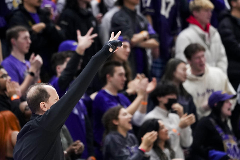 Washington coach Mike Hopkins reacts after a basket by the team against Arizona State during the second half of an NCAA college basketball game Thursday, Jan. 11, 2024, in Seattle. (AP Photo/Lindsey Wasson)