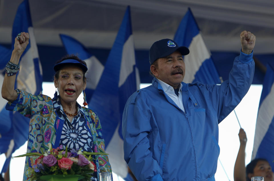 The President of Nicaragua Daniel Ortega and his wife and Vice-President Rosario Murillo lead a rally in Managua, Nicaragua, Wednesday, Sept. 5, 2018. The United States warned the Security Council on Wednesday that Nicaragua is heading down the path that led to conflict in Syria and a crisis in Venezuela that has spilled into the region, but Russia, China and Bolivia said Nicaragua doesn't pose an international threat and the U.N. should butt out. (AP Photo/Alfredo Zuniga)
