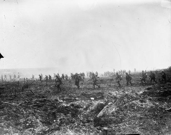 <p>Vancouver’s 29th Infantry Battalion advances over “No Man’s Land” through barbed wire and heavy fire during the Battle of Vimy Ridge in April 1917. Photo from Library and Archives Canada. </p>
