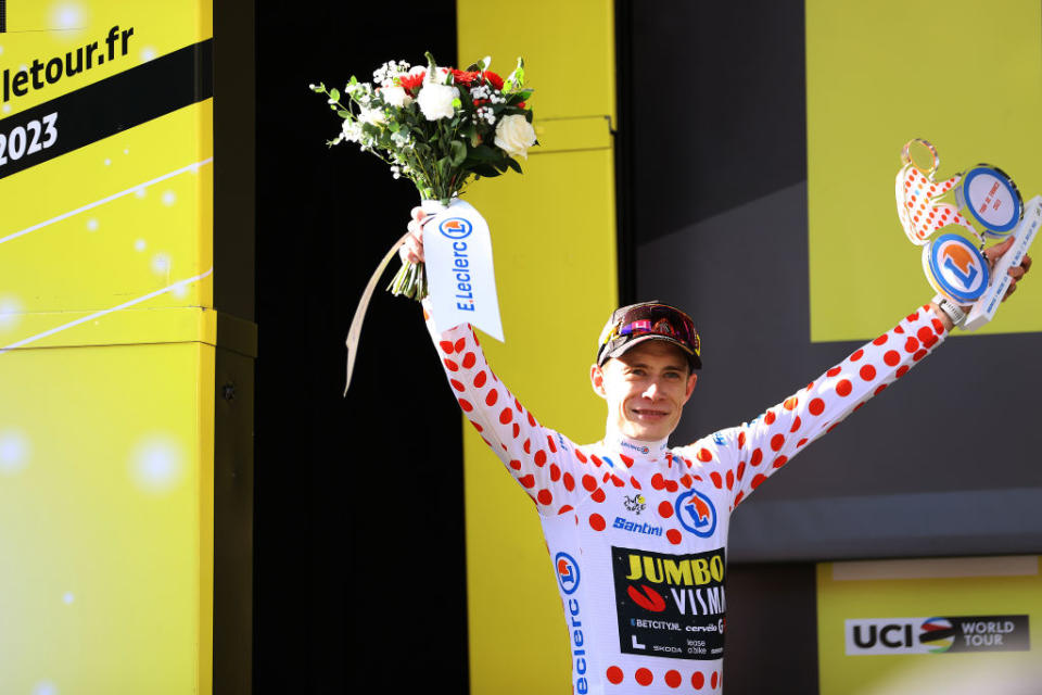 MORZINE LES PORTES DU SOLEIL FRANCE  JULY 15 Jonas Vingegaard of Denmark and Team JumboVisma celebrates at podium as Polka dot Mountain Jersey winner during the stage fourteen of the 110th Tour de France 2023 a 1518km stage from Annemasse to Morzine les Portes du Soleil  UCIWT  on July 15 2023 in Morzine les Portes du Soleil France Photo by Michael SteeleGetty Images