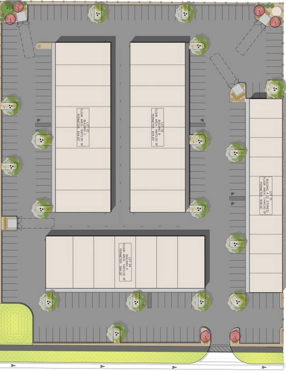 The four buildings would be home to commercial tenants with nearly 200 parking spaces.