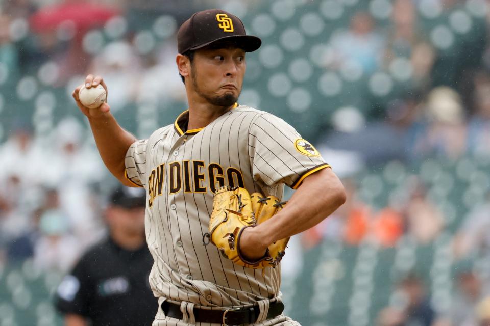 Padres starting pitcher Yu Darvish (11) pitches in the first inning July 27, 2022 against the Tigers at Comerica Park.