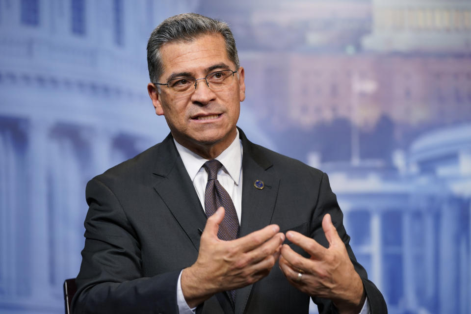 FILE - Health and Human Services Secretary Xavier Becerra speaks during an interview in Washington on March 17, 2022. Another member of President Joe Biden’s cabinet has tested positive for COVID-19. U.S. Health Secretary Becerra tested positive for the virus on Wednesday, May 18, 2022, while visiting Berlin, a spokeswoman for the Health and Human Services Department said. (AP Photo/Jacquelyn Martin, File)