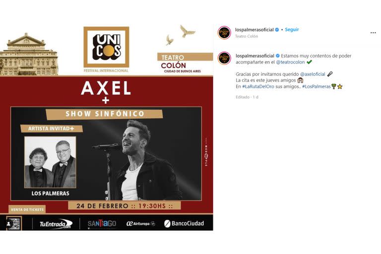 La publicación de Los Palmeras anunciando el show con Axel