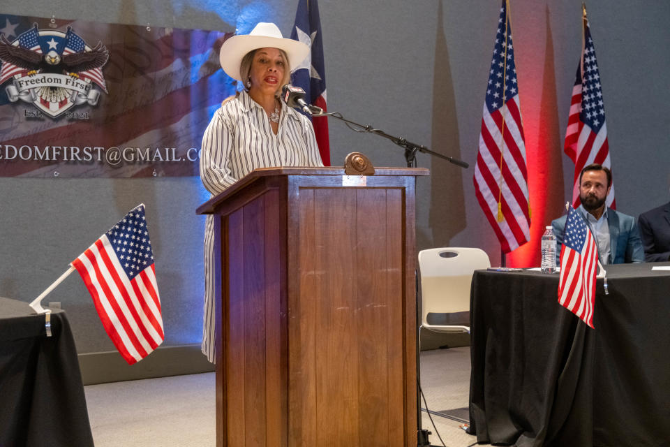 Mayoral candidate Tonya Winston addresses the crowd Tuesday night at the candidate debate at the Amarillo Botanical Gardens.
